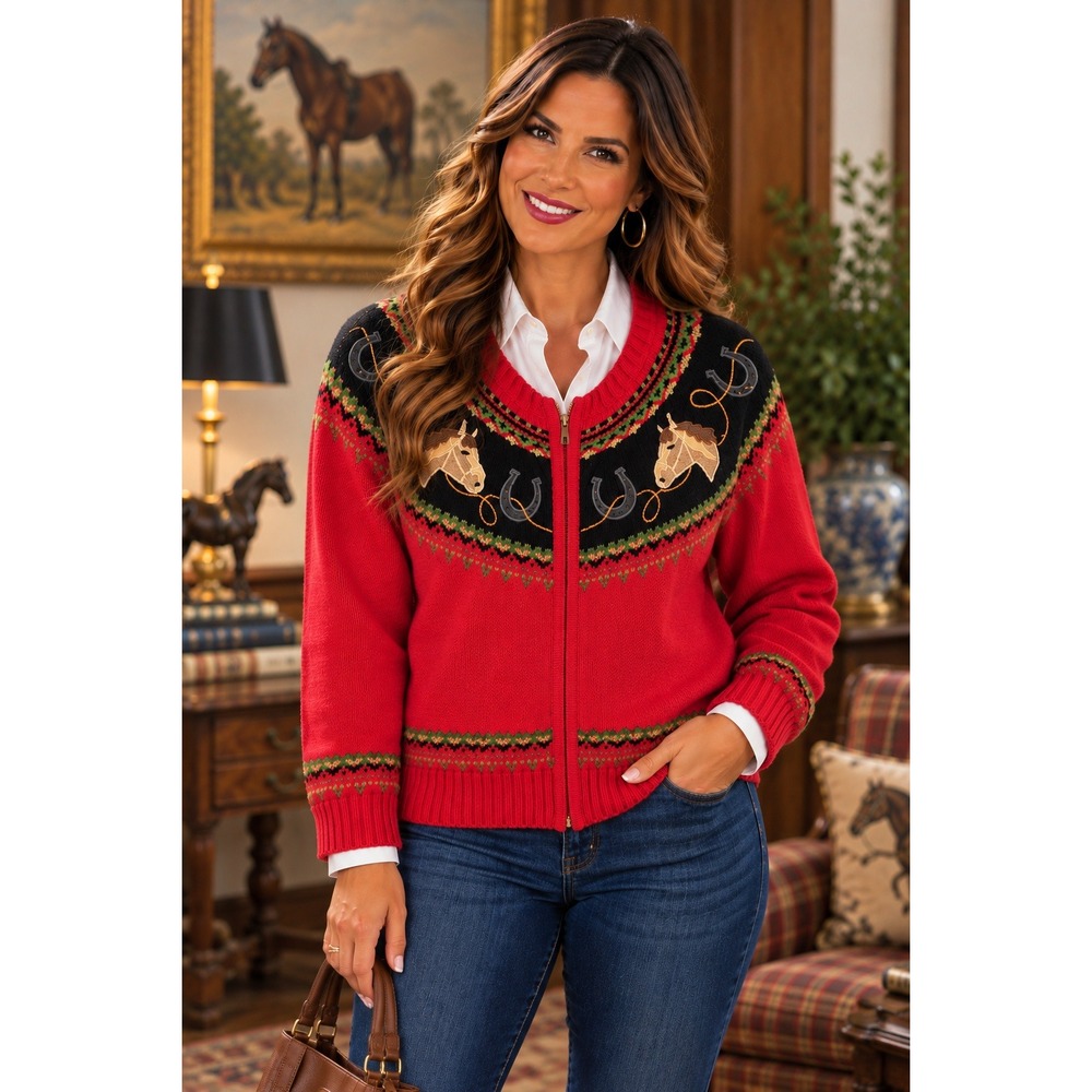 VTG Rods Western Palace Horse Equestrian Zip Front Cardigan Sweater Red Black L